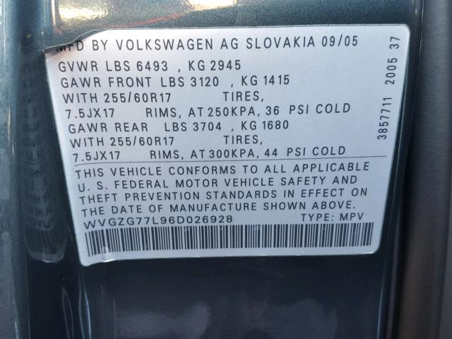 WVGZG77L96D026928 - 2006 VOLKSWAGEN TOUAREG 3. TEAL photo 10