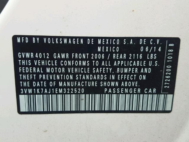 3VW1K7AJ1EM322520 - 2014 VOLKSWAGEN JETTA BASE WHITE photo 10