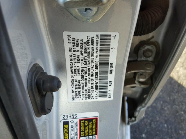 1HGFA168X6L046910 - 2006 HONDA CIVIC EX Gümüş foto 10