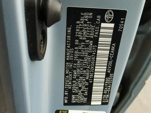 4T1BE32K06U674575 - 2006 TOYOTA CAMRY LE BLUE photo 10