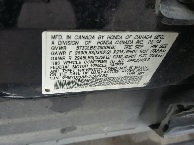 2HNYD18884H526282 - 2004 ACURA MDX BLACK photo 10