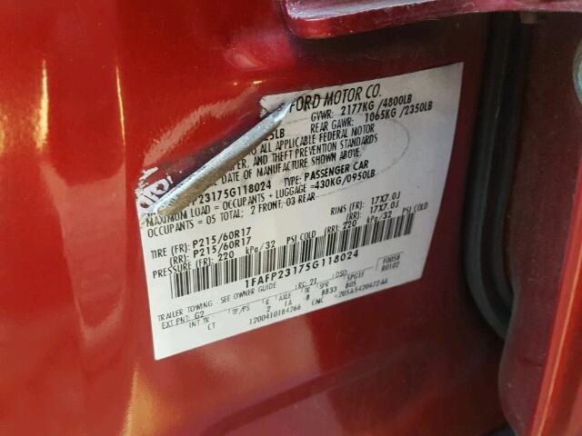 1FAFP23175G118024 - 2005 FORD FIVE HUNDR RED photo 10