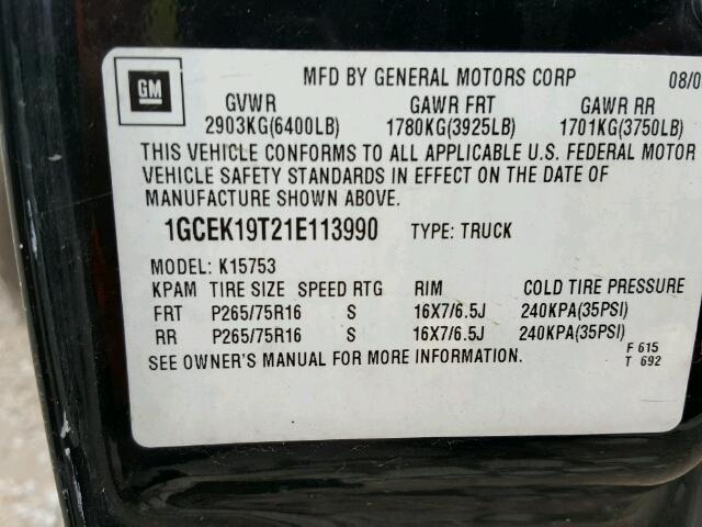 1GCEK19T21E113990 - 2001 CHEVROLET SILVERADO BLACK photo 10