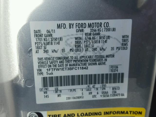 1FTFW1ET3BFC11842 - 2011 FORD F150 SUPER SILVER photo 10