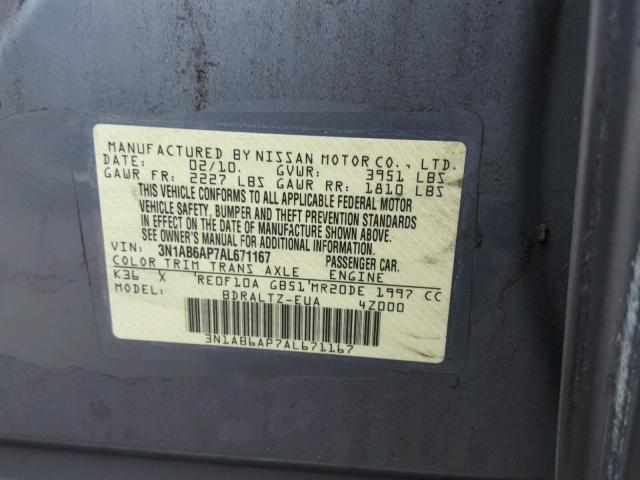 3N1AB6AP7AL671167 - 2010 NISSAN SENTRA 2.0 GRAY photo 10