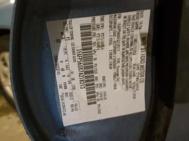 1FAFP56UX7A218213 - 2007 FORD TAURUS SEL BLUE photo 10