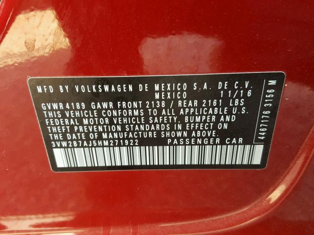 3VW2B7AJ5HM271922 - 2017 VOLKSWAGEN JETTA S RED photo 10