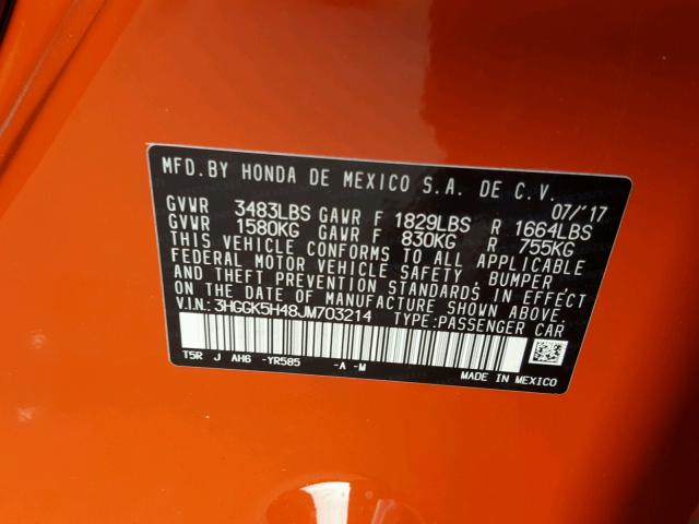 3HGGK5H48JM703214 - 2018 HONDA FIT LX ORANGE photo 10