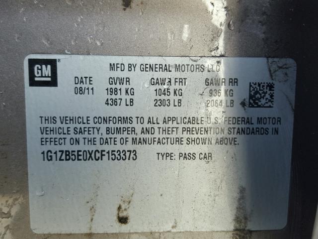 1G1ZB5E0XCF153373 - 2012 CHEVROLET MALIBU LS CHARCOAL photo 10