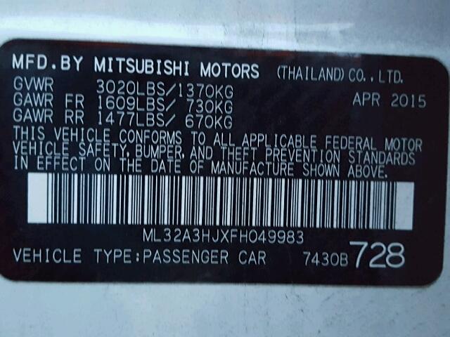 ML32A3HJXFH049983 - 2015 MITSUBISHI MIRAGE DE WHITE photo 10