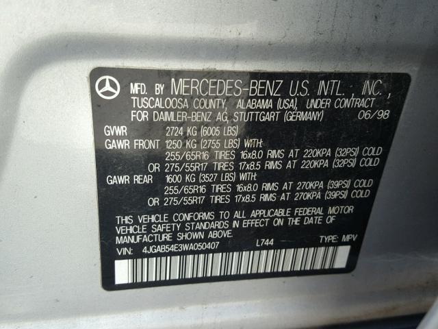 4JGAB54E3WA050407 - 1998 MERCEDES-BENZ ML 320 SILVER photo 10