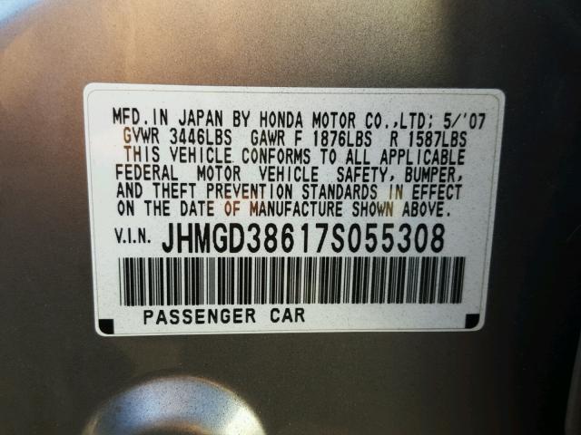 JHMGD38617S055308 - 2007 HONDA FIT S 灰色 照片 10