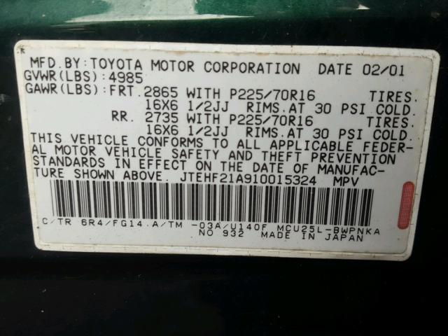 JTEHF21A910015324 - 2001 TOYOTA HIGHLANDER GREEN photo 10