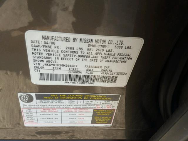 JNKAY01F36M265687 - 2006 INFINITI M35 BASE GRAY photo 10