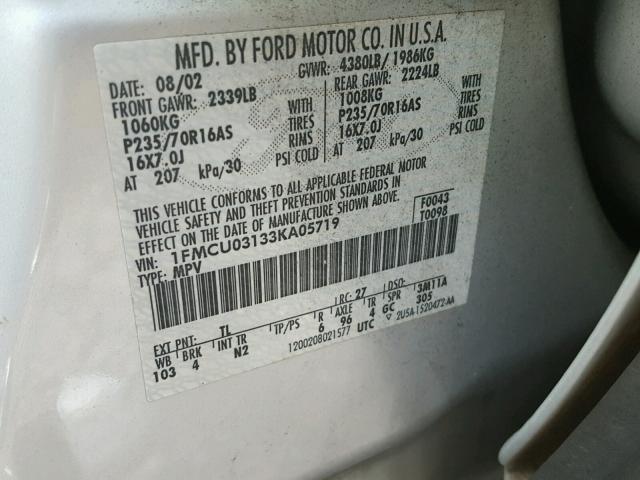 1FMCU03133KA05719 - 2003 FORD ESCAPE XLT SILVER photo 10