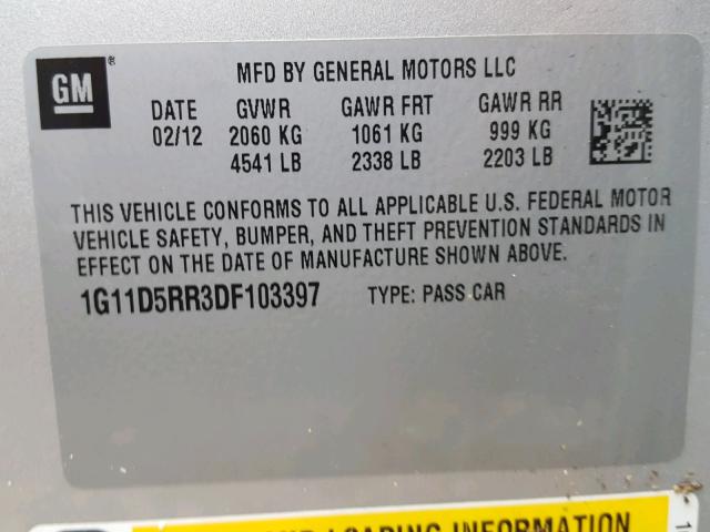 1G11D5RR3DF103397 - 2013 CHEVROLET MALIBU 1LT SILVER photo 10