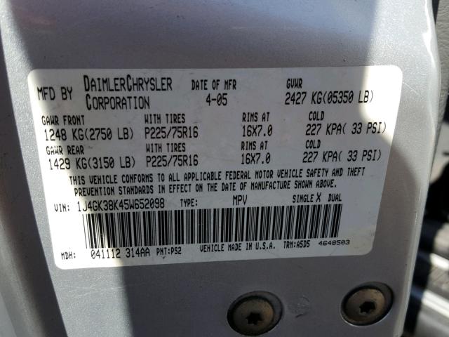 1J4GK38K45W652098 - 2005 JEEP LIBERTY RE GRAY photo 10