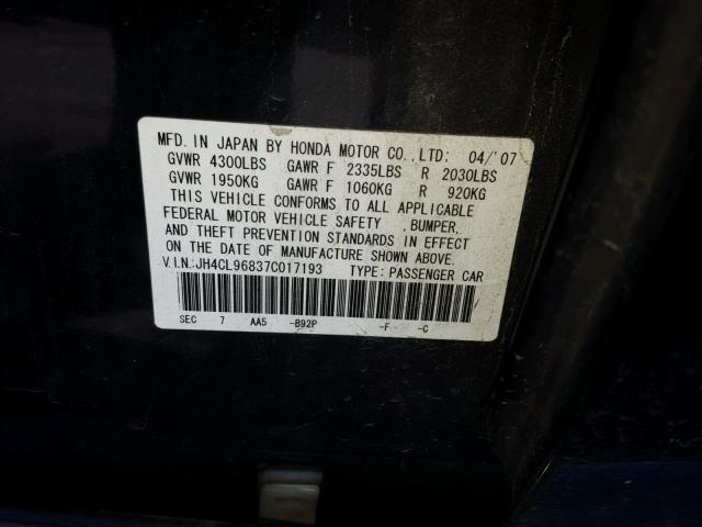 JH4CL96837C017193 - 2007 ACURA TSX BLACK photo 10