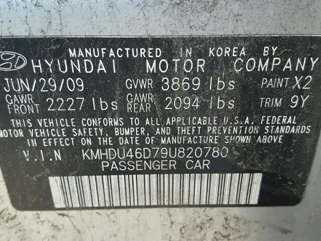 KMHDU46D79U820780 - 2009 HYUNDAI ELANTRA SILVER photo 10