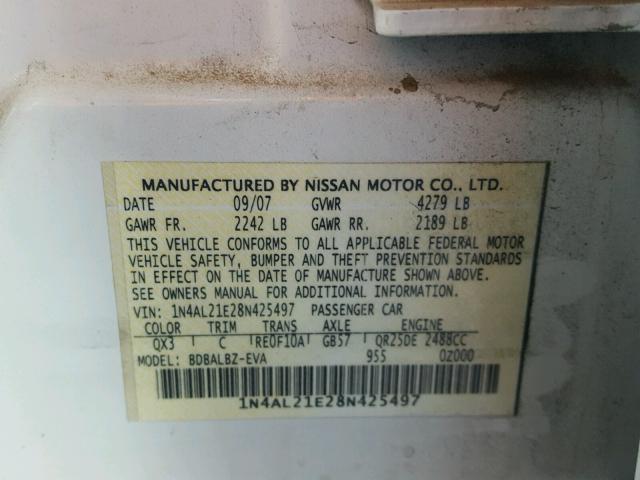 1N4AL21E28N425497 - 2008 NISSAN ALTIMA 2.5 WHITE photo 10