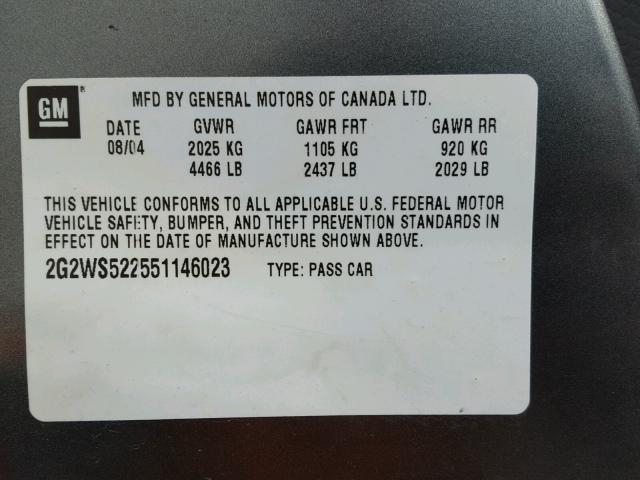 2G2WS522551146023 - 2005 PONTIAC GRAND PRIX GRAY photo 10