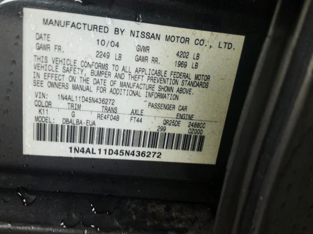 1N4AL11D45N436272 - 2005 NISSAN ALTIMA S GRAY photo 10