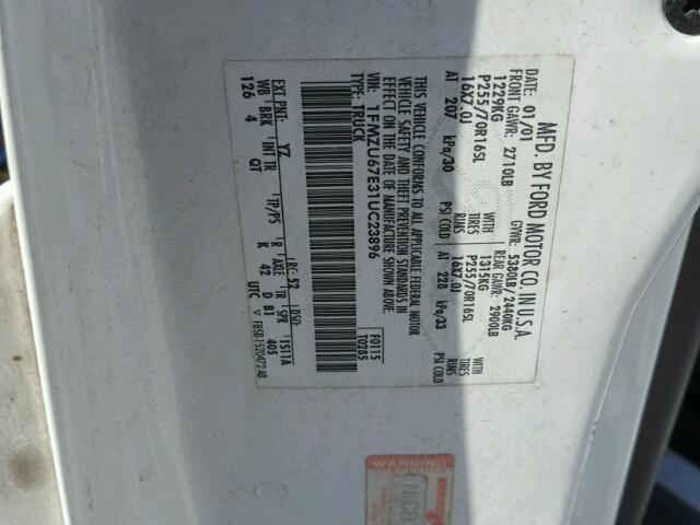 1FMZU67E31UC23896 - 2001 FORD EXPLORER S WHITE photo 10