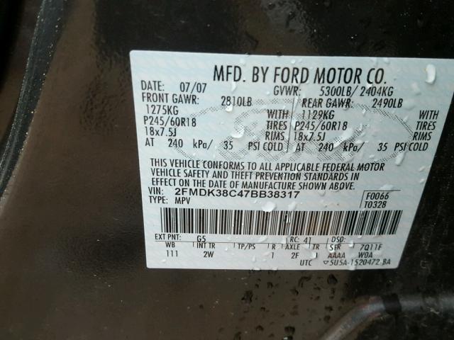 2FMDK38C47BB38317 - 2007 FORD EDGE SEL BLACK photo 10