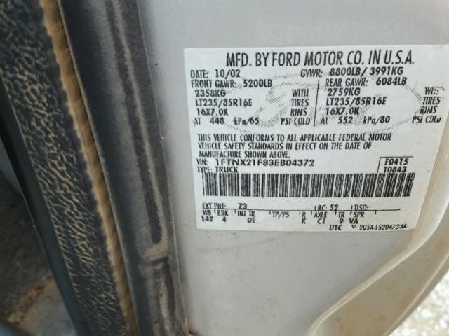 1FTNX21F83EB04372 - 2003 FORD F250 SILVER photo 10