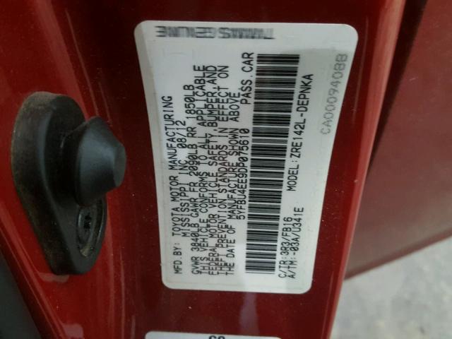 5YFBU4EE9DP075610 - 2013 TOYOTA COROLLA BA RED photo 10