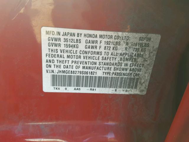 JHMGE88279S061821 - 2009 HONDA FIT RED photo 10