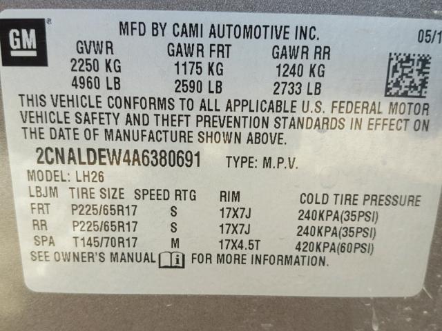 2CNALDEW4A6380691 - 2010 CHEVROLET EQUINOX LT GRAY photo 10