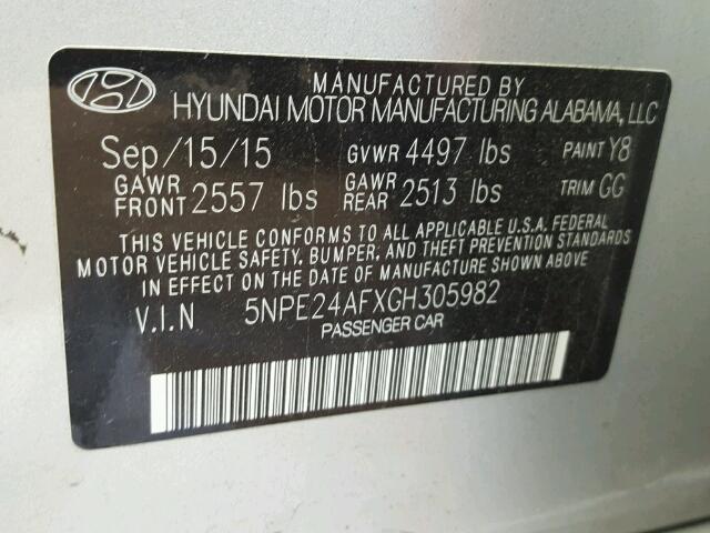 5NPE24AFXGH305982 - 2016 HYUNDAI SONATA SE SILVER photo 10