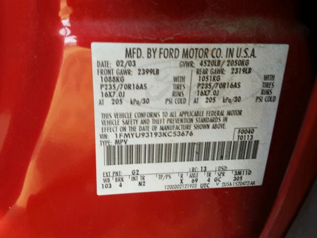 1FMYU93193KC53676 - 2003 FORD ESCAPE XLT RED photo 10