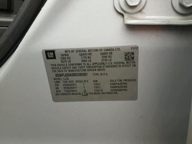 2GNFLGEK8D6205381 - 2013 CHEVROLET EQUINOX LT SILVER photo 10