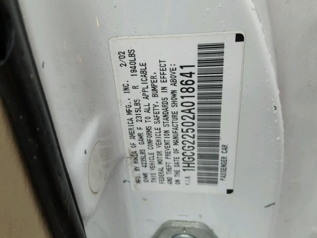 1HGCG22502A018641 - 2002 HONDA ACCORD EX WHITE photo 10