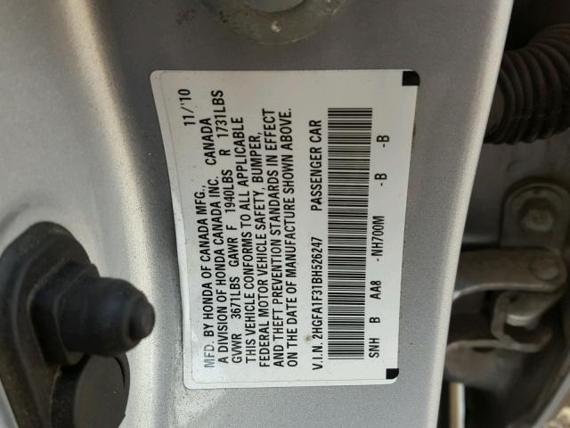 2HGFA1F31BH526247 - 2011 HONDA CIVIC VP SILVER photo 10