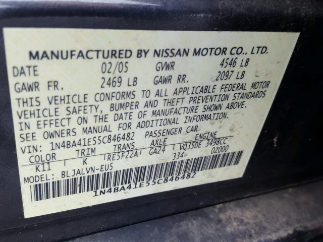 1N4BA41E55C846482 - 2005 NISSAN MAXIMA SE BLACK photo 10