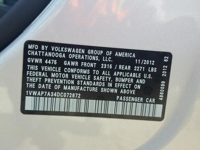 1VWAP7A34DC072872 - 2013 VOLKSWAGEN PASSAT S SILVER photo 10