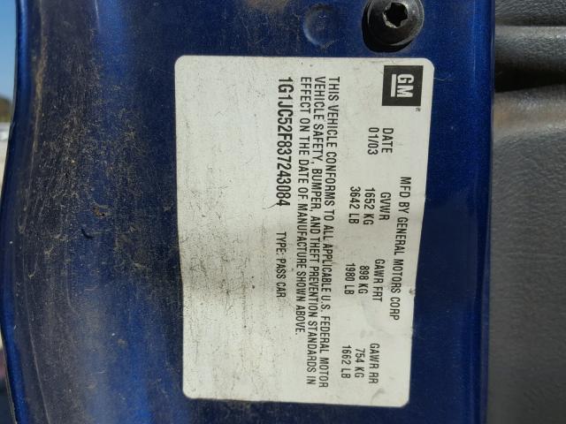 1G1JC52F837243084 - 2003 CHEVROLET CAVALIER BLUE photo 10