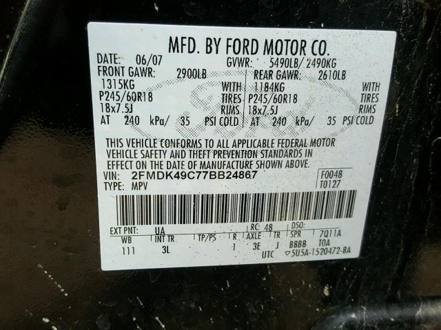 2FMDK49C77BB24867 - 2007 FORD EDGE SEL P BLACK photo 10