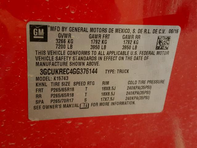 3GCUKREC4GG376144 - 2016 CHEVROLET SILVERADO RED photo 10