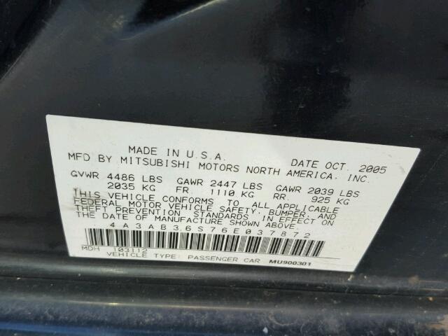 4A3AB36S76E037872 - 2006 MITSUBISHI GALANT BLACK photo 10