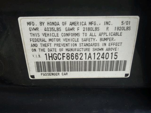 1HGCF86621A124015 - 2001 HONDA ACCORD GREEN photo 10