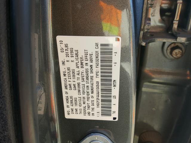 1HGCP2F44AA104549 - 2010 HONDA ACCORD LXP CHARCOAL photo 10