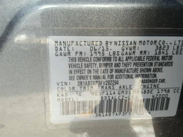 3N1AB7AP3FY292294 - 2015 NISSAN SENTRA S GRAY photo 10