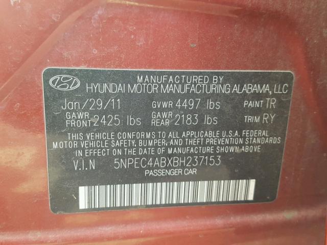 5NPEC4ABXBH237153 - 2011 HYUNDAI SONATA SE RED photo 10