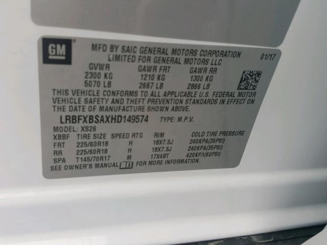 LRBFXBSAXHD149574 - 2017 BUICK ENVISION E WHITE photo 10