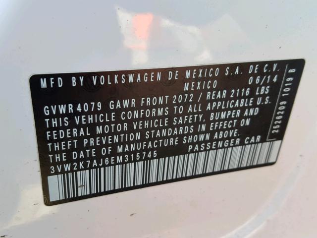3VW2K7AJ6EM315745 - 2014 VOLKSWAGEN JETTA BASE 白色 照片 10