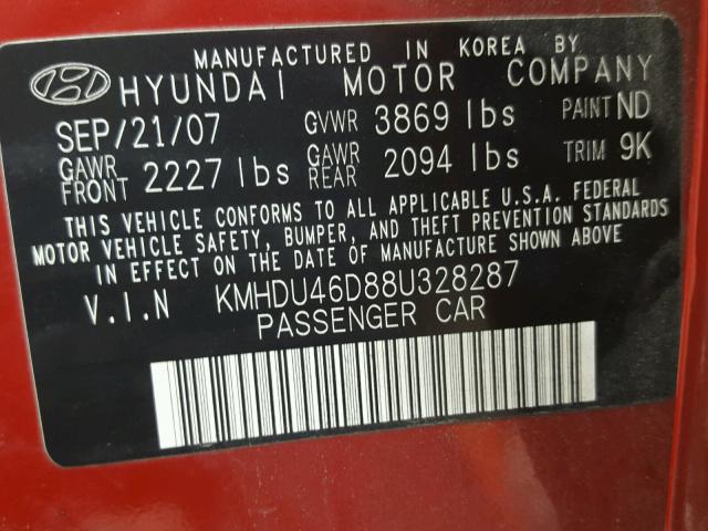 KMHDU46D88U328287 - 2008 HYUNDAI ELANTRA RED photo 10